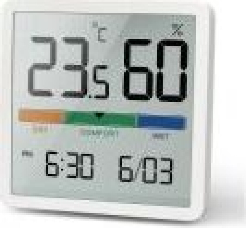 værstasjon  termometer/hygrometer, GB380, med klokke- og datofunksjon, CR2032 batteri, temperaturområde -9,9 grader C til +60 grad