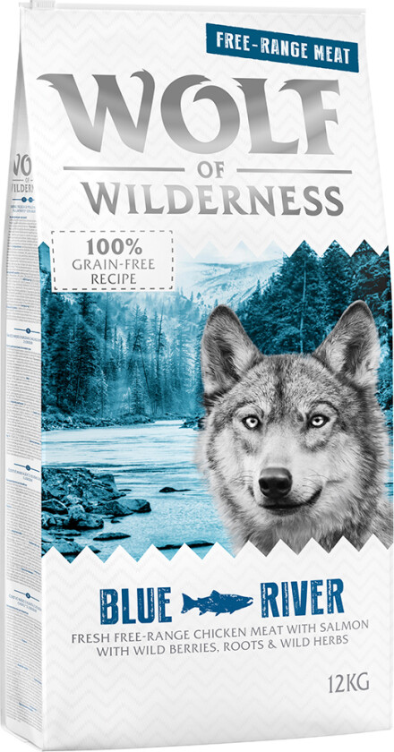 100 kr rabatt! 12 kg Wolf of Wilderness - Blue River - Frittgående kylling & Laks