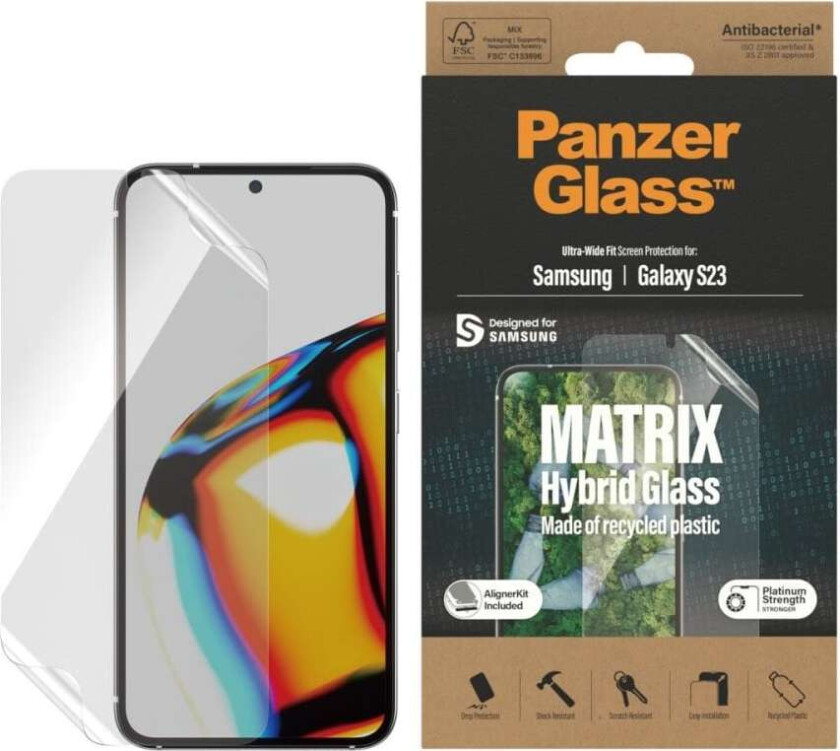 Samsung Galaxy S23 Matrix Hybrid Glass AntiBacterial Ultra Wide Fit Skjermbeskyttelse - AlignerKit - Platinum Strength - Transparent
