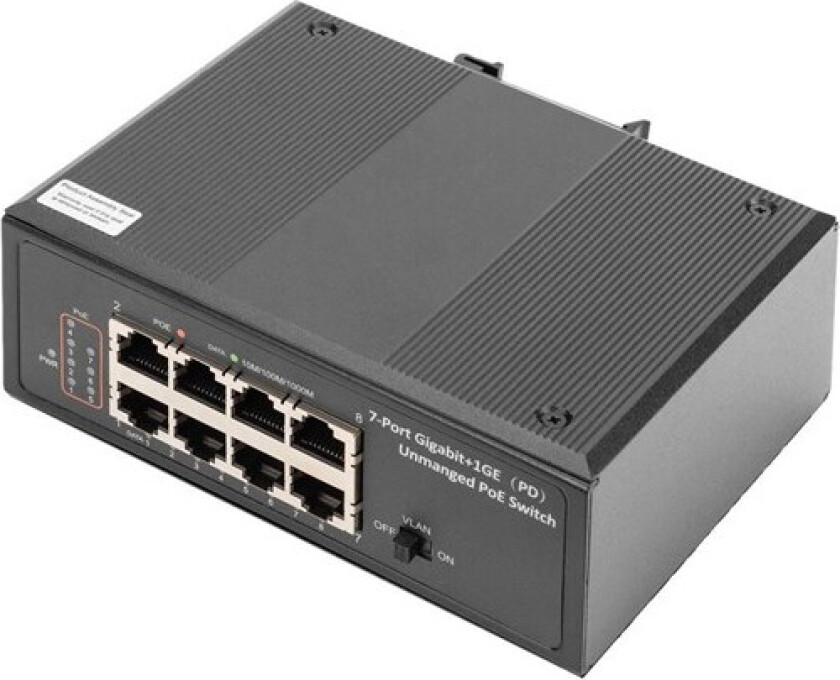 Digitus DN-651113 - Switch - ikke-styrt - 7 x 10/100/1000 (PoE+) + 1 x 10/100/1000 (PoE++) - DIN-skinnemonterbar - PoE++ - DC power