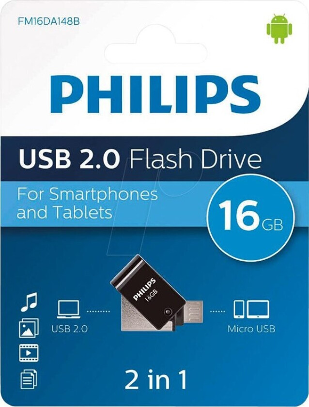 USB Flash Drive 2-in-1. 16GB. USB 2.0 - Micro USB - 16GB - Minnepenn