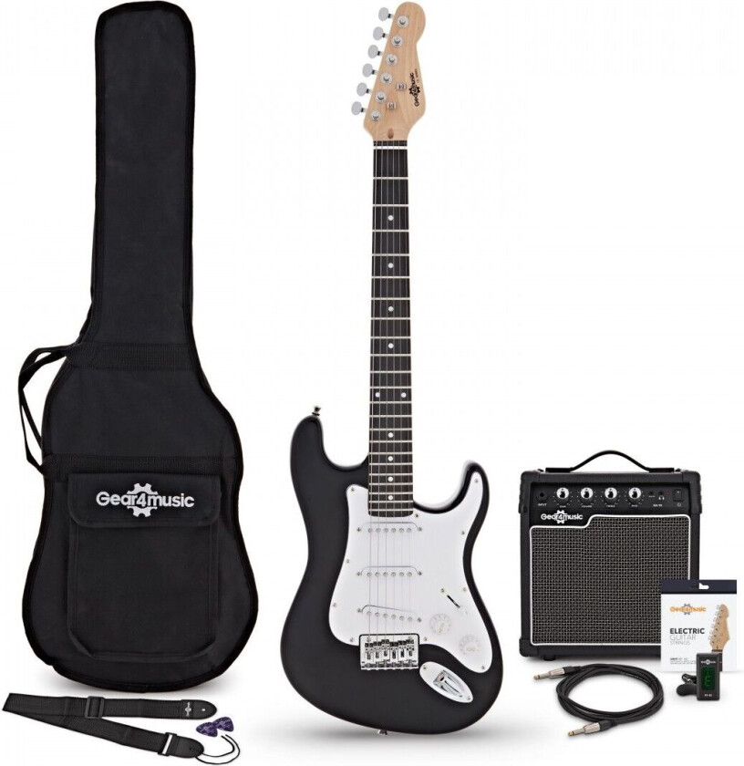 Gear4Music 3/4 LA Elektrisk Gitar + Forsterkerpakke Svart