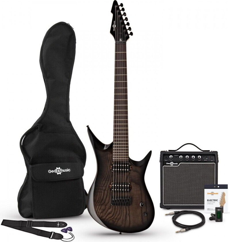 Bilde av Gear4Music Harlem 7 Elektrisk Gitar + 15W Forsterkerpakke Trans Black
