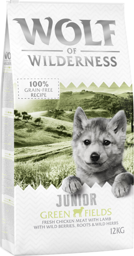 100 kr rabatt! 12 kg Wolf of Wilderness - JUNIOR Green Fields - Lam