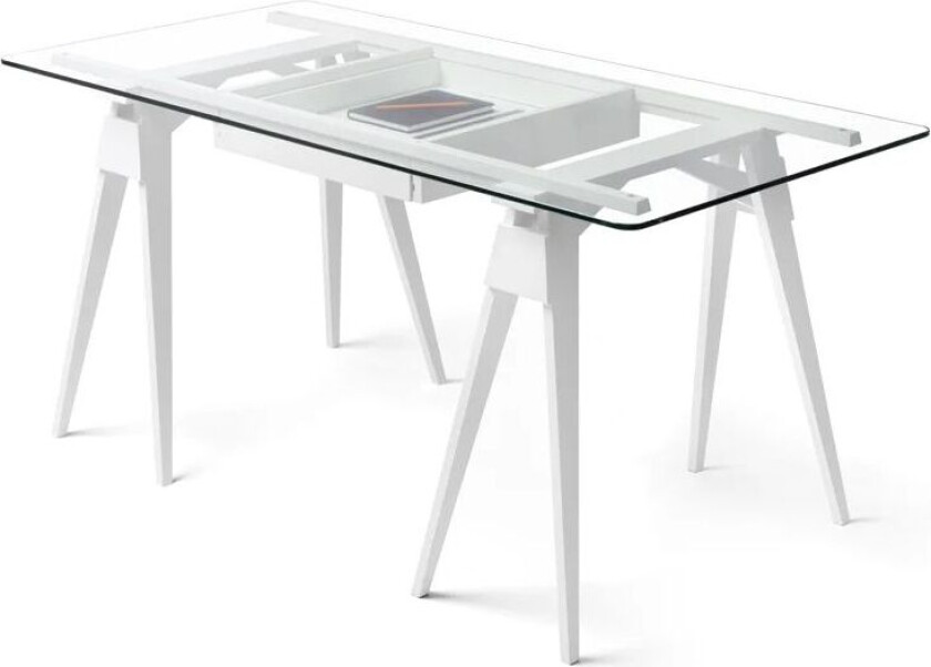 Arco skrivebord hvit lakk, inkl. skuff, glassplate