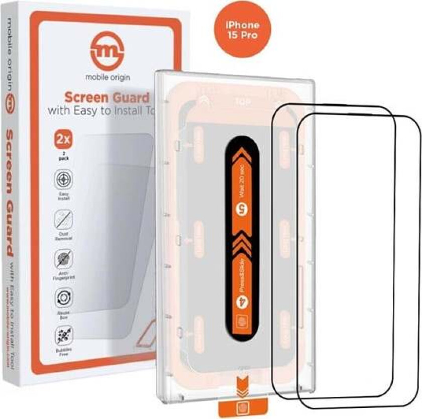 Orange Screen Guard iPhone 15 Pro with easy applicator 2 pack