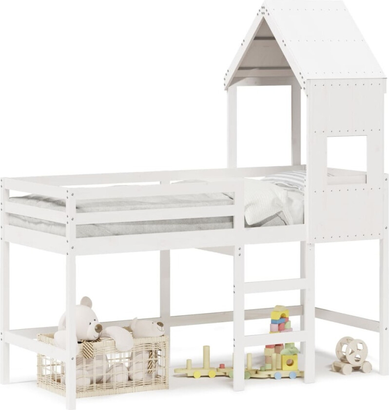 Køyeseng med stige og tak hvit 90x190 cm heltre furu