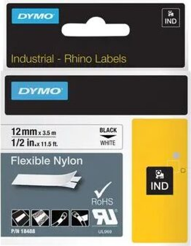 Dymo Tape Rhinopro Fleksibel Nylon 12mm Svart/hvit