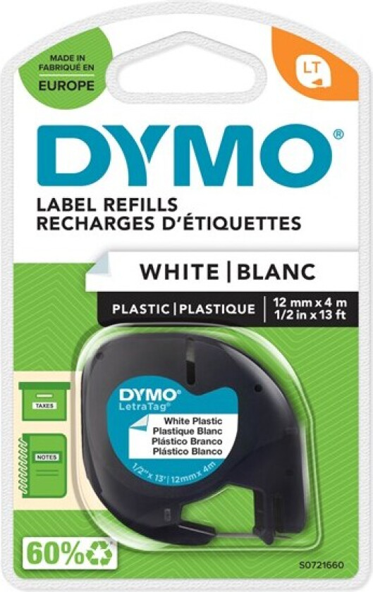 Dymo Tape Dymo Letratag 12mm plast sort/hvit