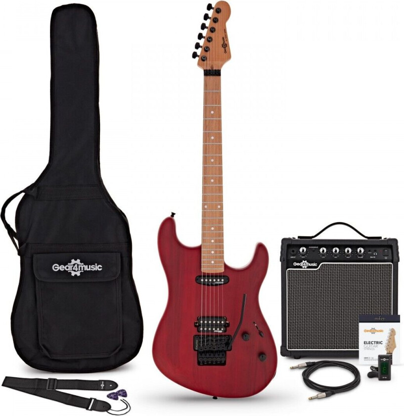 Gear4Music LA Select Modern Electric Guitar Transparent Ruby Red 15W Guitar Amp & Accessory Pack