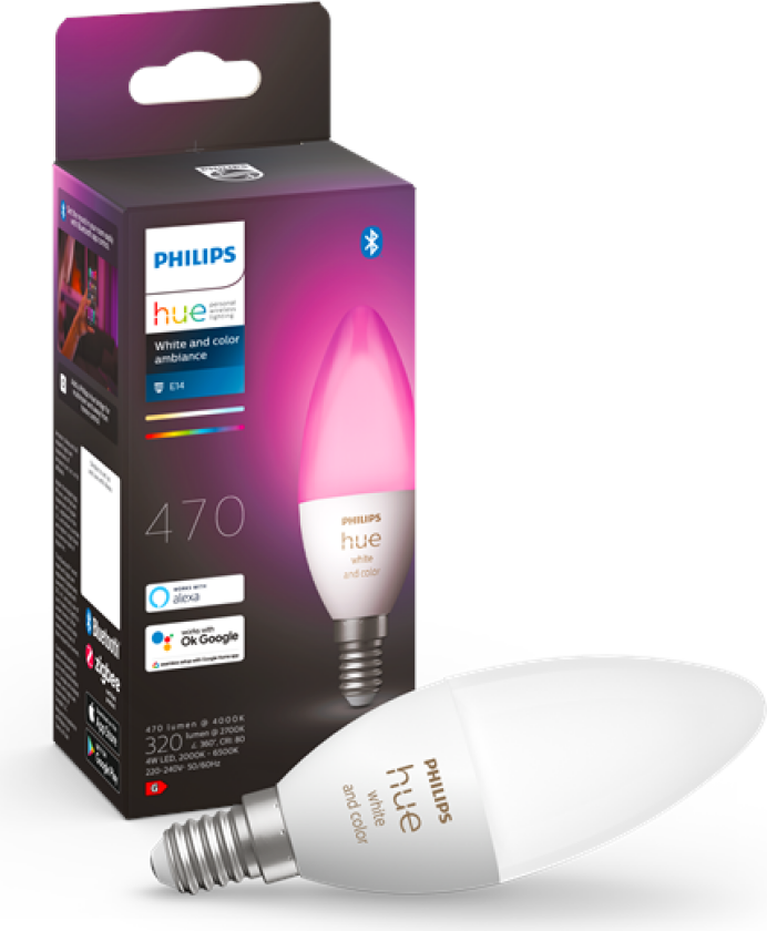 Hue B39 E14 lyspære 4W 2200-6500K pluss farge