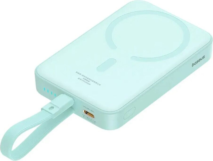 Magnetic Qi Powerbank 20W m. USB-C-kabel og Innebygd Lightning-kabel - 10 000 mAh - MagSafe-Kompatibel - Blå
