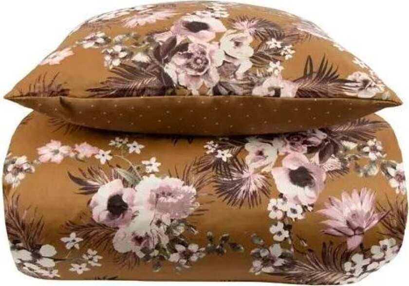 Sateng sengesett - 140x200 cm - 100% Bomullssateng - Flowers & Dots - Curry