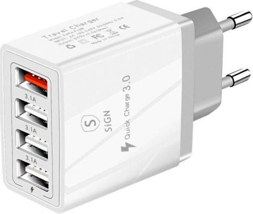 SiGN Hurtiglader 4xUSB-A, PD & Q.C 3.0, 33W - Hvit