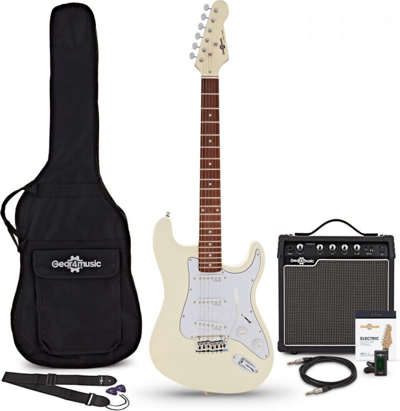 Gear4Music LA Select Electric Guitar Vintage White 15W Guitar Amp & Accessory Pack