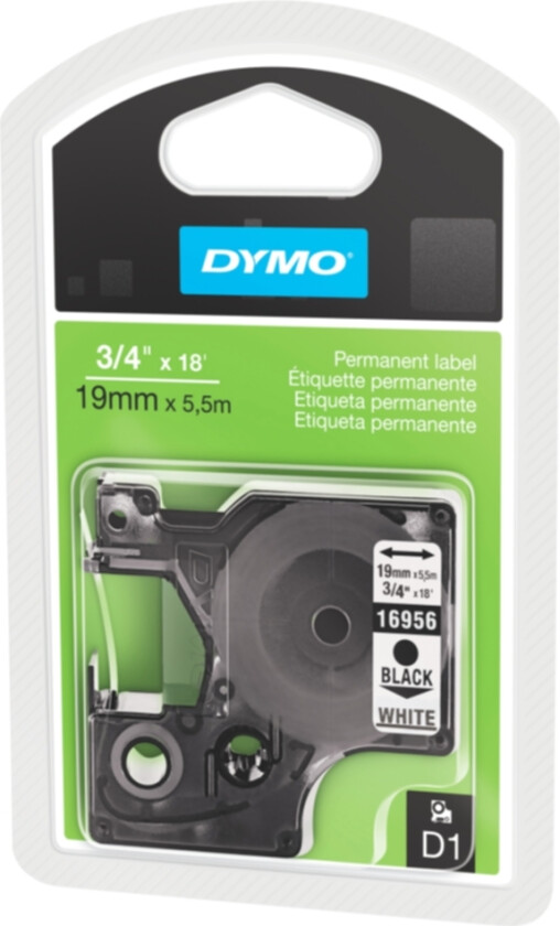 Dymo Tape D1 19mm Svart/hvit Permanent Polyester