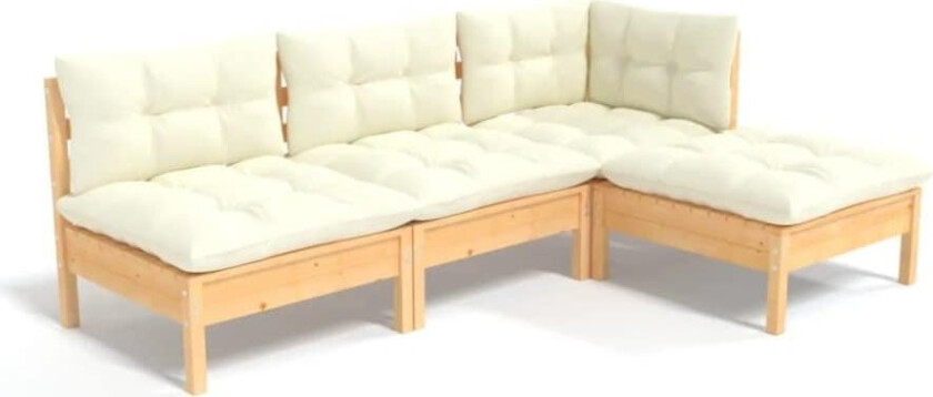 Hagesofagruppe med kremhvite puter 4 deler furu