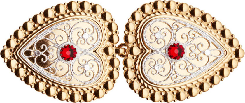 Beltespenne i 830 hvitt og forgylt sølv med rød stein