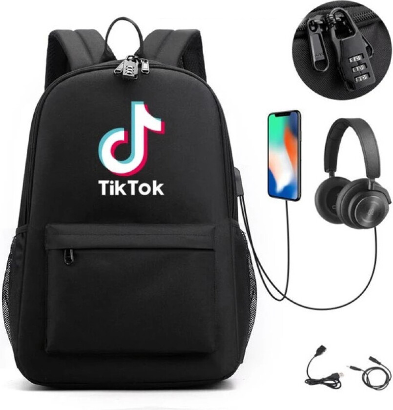 Ryggsekk med uttak for hodetelefoner og powerbank, TikTok