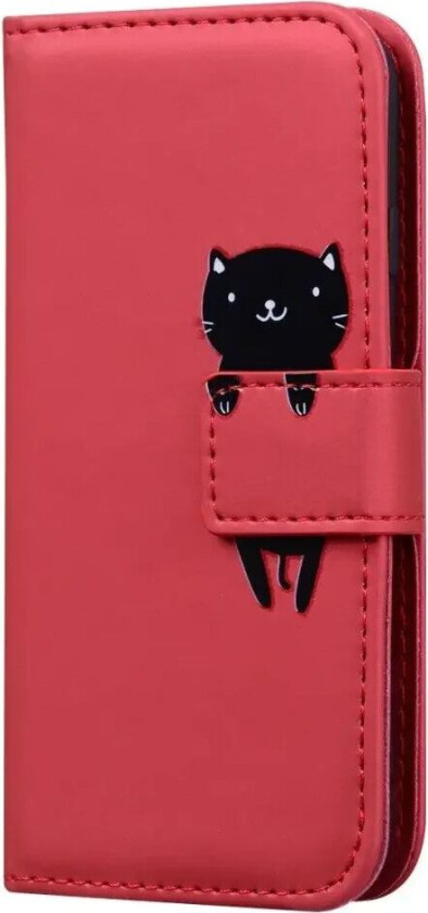 iPhone 15 Pro Flip Deksel med Stropp / Ståfunksjon / Kortholder - Rød (Katt)