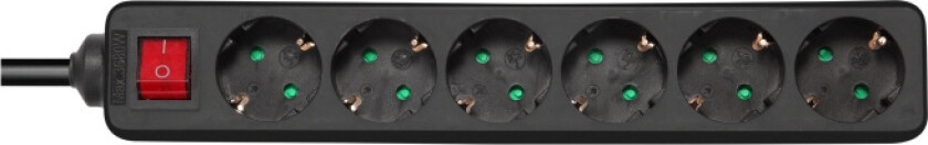 Jordat grenuttag med strömbrytare, 6x CEE 7/3, 1x CEE 7/7, barnsäker, 1.5m, svart