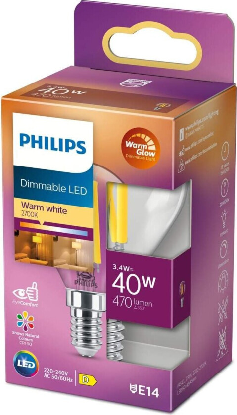 LED-lyspære Classic Candle 3,4W/922-927 (40W) Clear WarmGlow Dimmable E14
