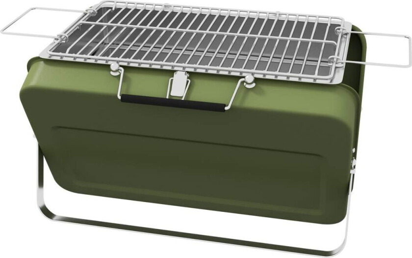 bordgrill, kullgrill med kullbrett, grillstativ, håndtak, piknik, hage, rustfritt stål, grønn