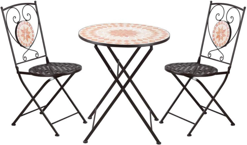 3 Stk. Bistrosett Hagemøbelsett Balkongsett Med 1 Salongbord, 2 Sammenleggbare Stoler, Sittegruppe Med Mosaikkmønster, Metall, K