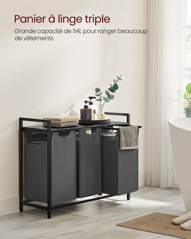 Skittentøyskurv, 3-roms vaskekurv, uttrekkbare og avtakbare vaskeposer, vaskesortering, hylle, metallramme, 3 x 38L, 92,5 x 33 x