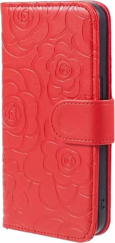 iPhone 15 Pro Kunstskinn Deksel m. Lommebok og Stropp - Kamelia Blomst - Rød