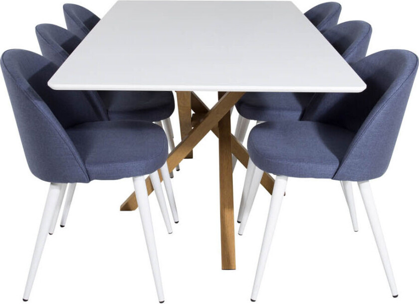 Piazza180x90WHNA spisegruppe spisebord hvit og 6 Velvet spisestuestoler blå.