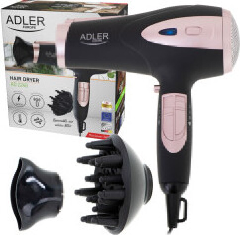 AD 2248b ION hårføner - 2200W + diffuser, svart/rosa