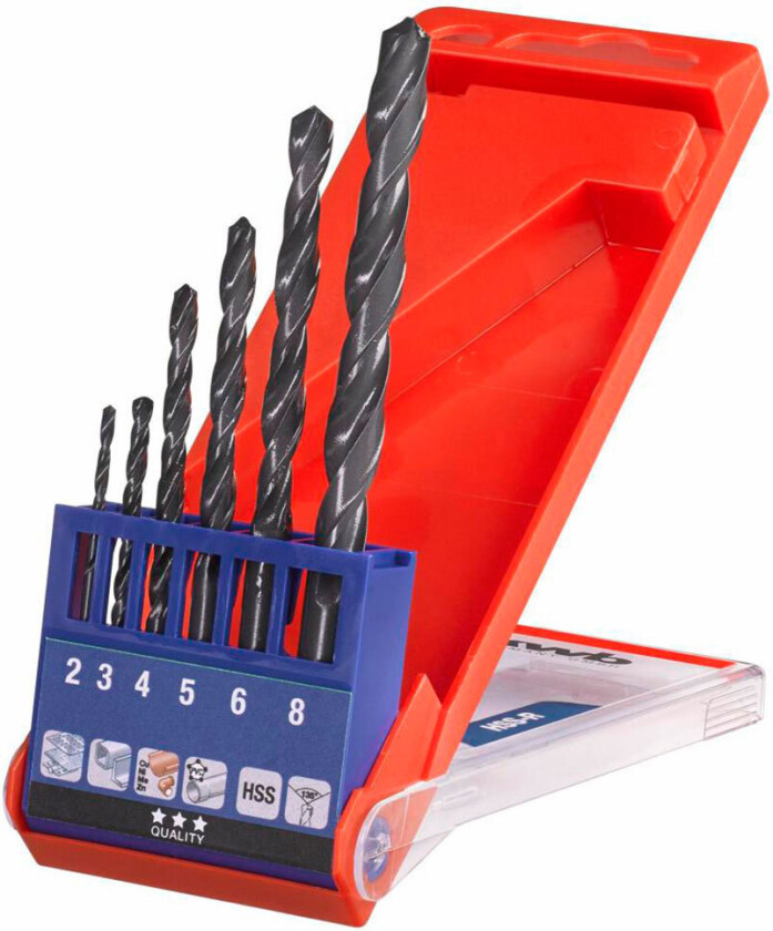 HSS-borsett, 2-8 mm, i kasse, 6 deler