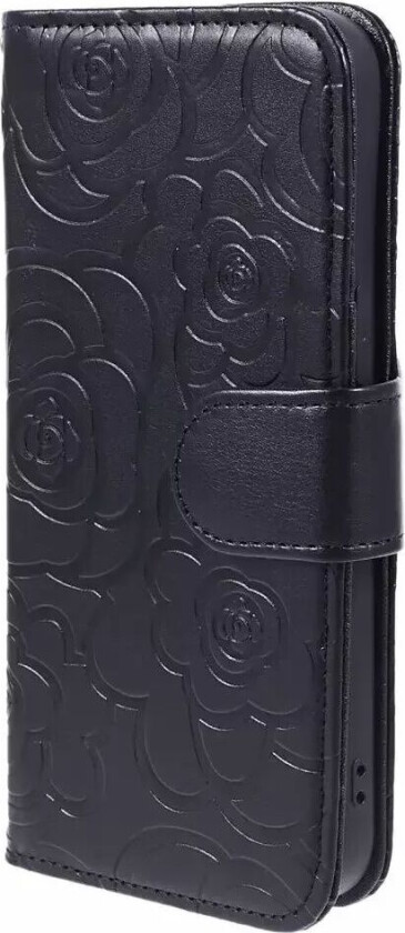 iPhone 15 Pro Max Kunstskinn Deksel m. Lommebok og Stropp - Kamelia Blomst - Svart