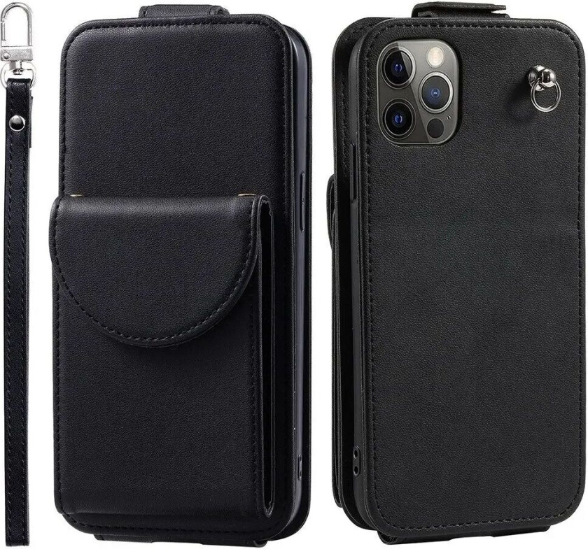 iPhone 12 / 12 Pro Vertikalt Kunst Skinn Flip Deksel med Lommebok / Ståfunksjon / Stropp - Svart