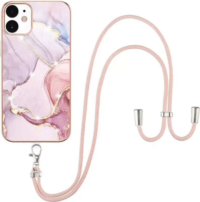 iPhone 12 / 12 Pro Marmor Hybrid Deksel med Justerbar Stropp - Rosa