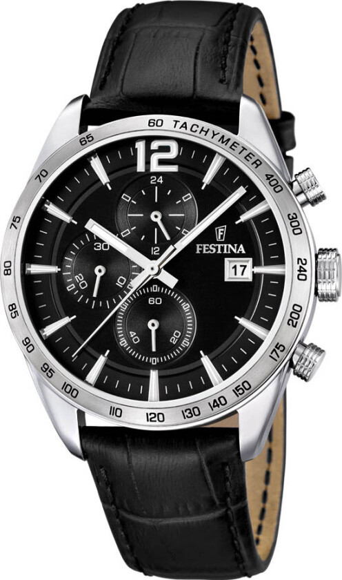 Eleganse og makt - Festina Mens Chronograph Black Leather F16760/4 - Kvarts - Sølv - Herreklokker - Skinn - Mineral