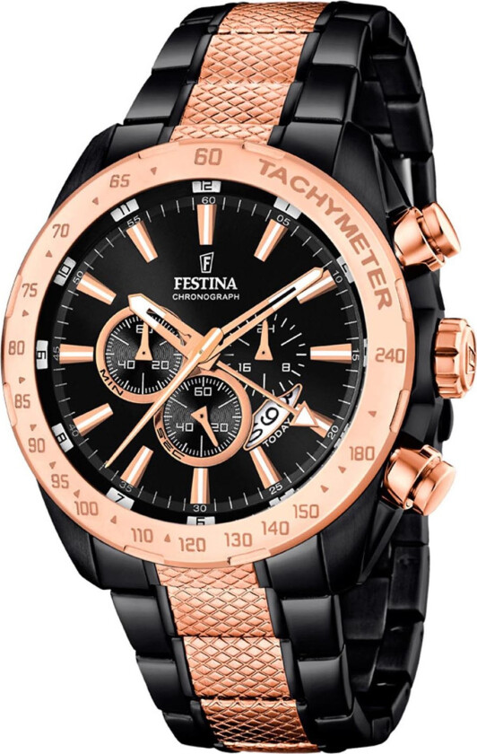 Chronograph F16888/1 - Kvarts - Rosegull Sort - Herreklokker - Rustfritt stål - ledd m/pin - Mineral