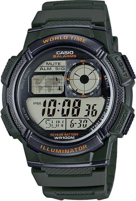 AE-1000W-3AVEF - Tøff og sporty herreklokke i militærgrønn - Digital - Grønn Sort - Herreklokker - Gummi - Mineral