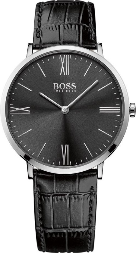 Hugo Boss 1513369 - Herremodell med sort- lærreim og urskive - Kvarts - Sølv - Herreklokker - Skinn - Mineral