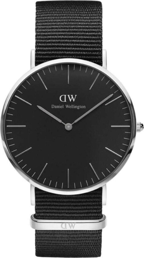 Classic Black Cornwall - Herreklokke i sølv med svart reim og urskive - Kvarts - Sølv - Herreklokker - Stoff - Mineral