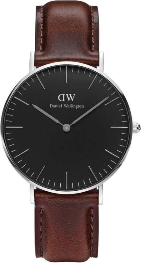 Daniel Wellington Classic Black Bristol - Dameklokke i sølv med mørkebrun lærreim - Kvarts - Sølv - Dameklokker - Skinn - Mineral
