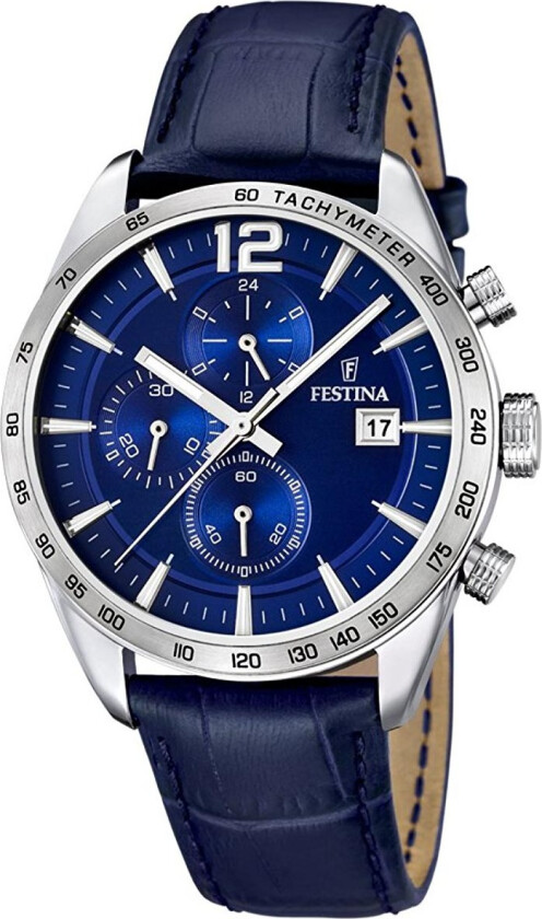 Mens Chronograph Blue Leather F16760/3 - Kvarts - Sølv - Herreklokker - Skinn - Mineral