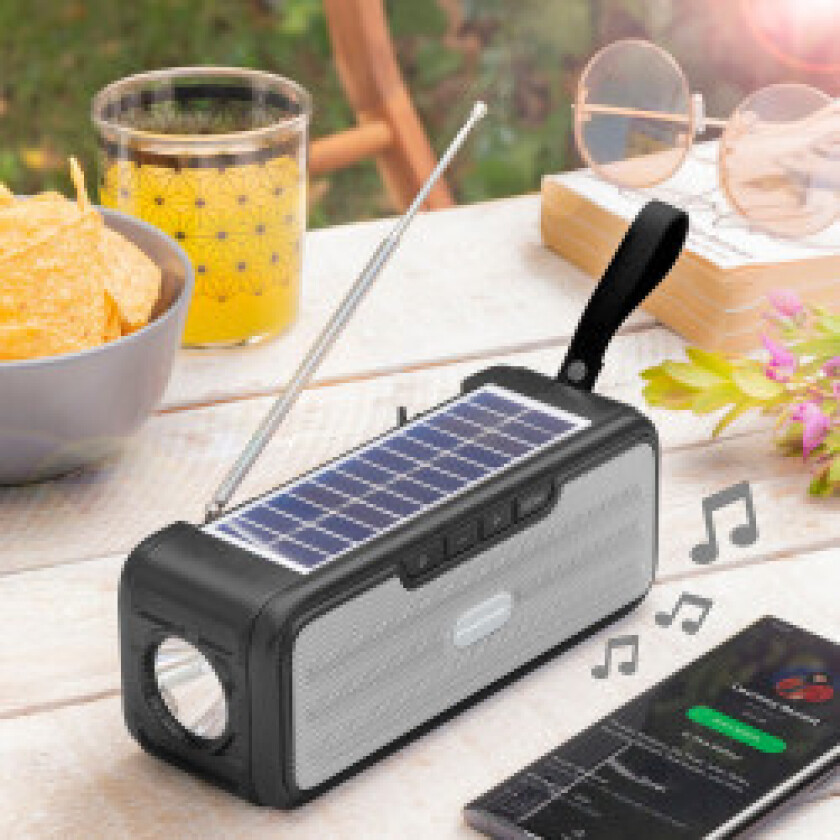 Oppladbar høyttaler med solcelle/lommelykt/radio