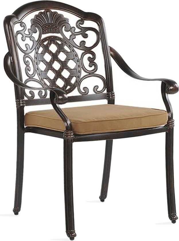 Sett med 4 hagespisestoler i brun aluminium med sitteputer utendørs i retrostil