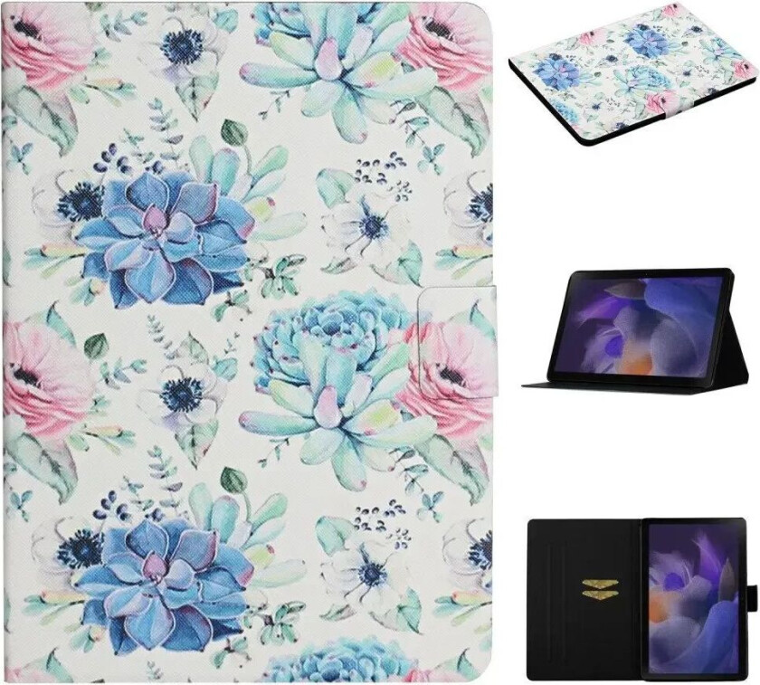 Samsung Galaxy Tab A9 Kunstskinn Deksel m. Stativfunksjoner & Kortholder - Hvit / Blå Blomster