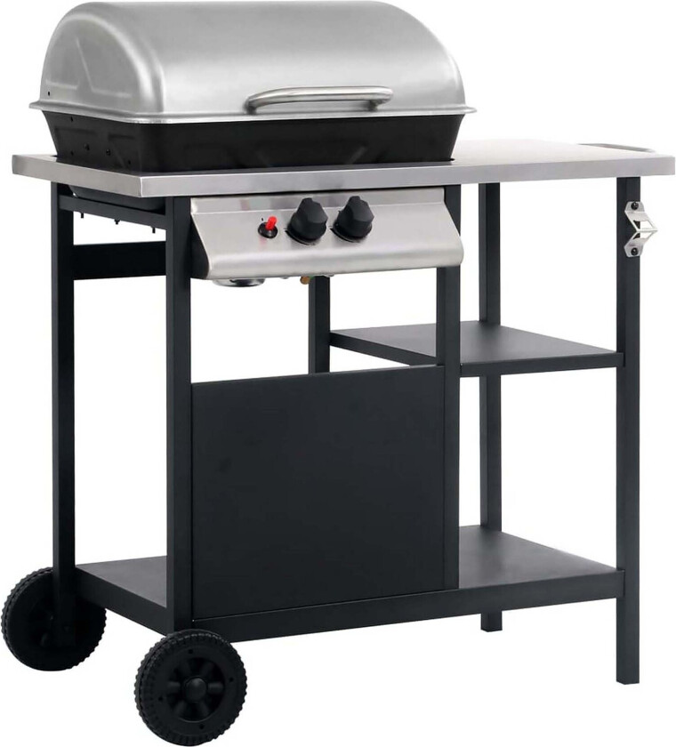 Gassgrill med sidebord i 3 etasjer svart og sølv