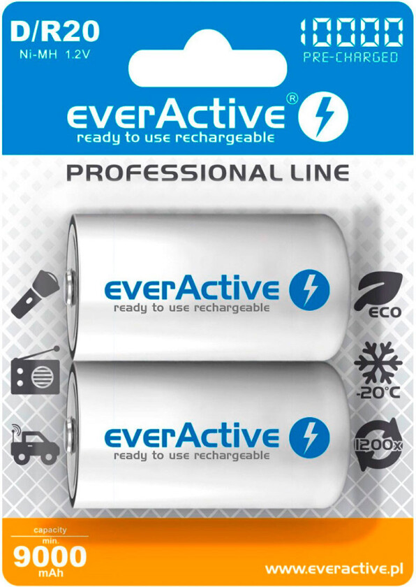 EverActive Professional Line oppladbare D-batterier (10 000 mAh) 2pk