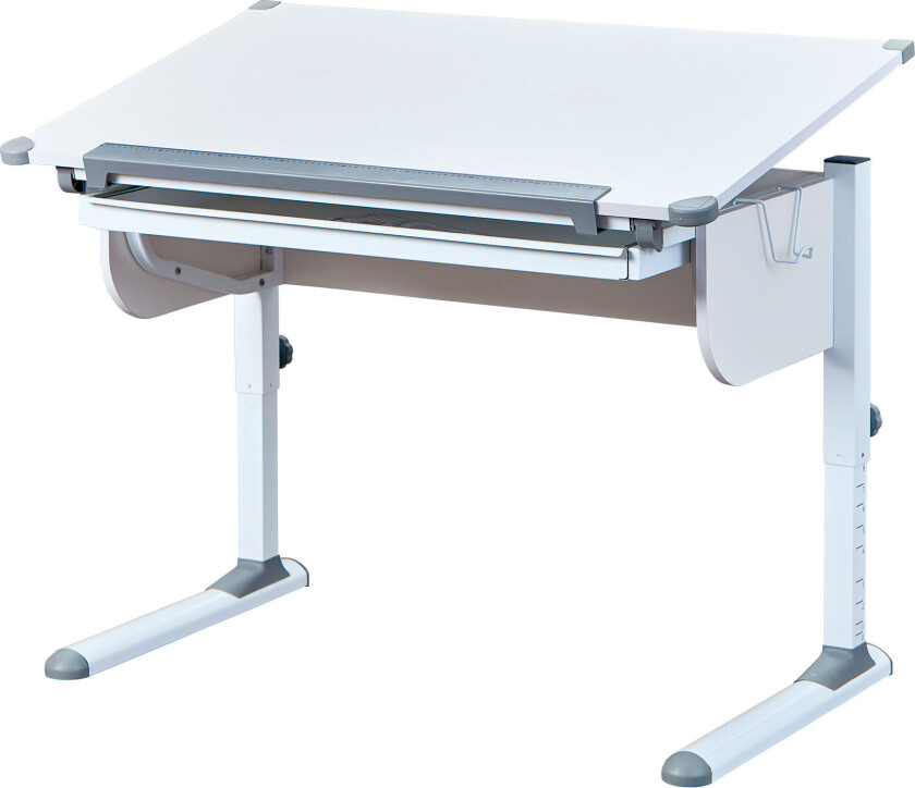 Stog skrivebord med heve senke plate og 1 skuff hvit og grå.