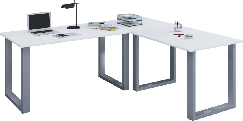 Lona hjørneskrivebord 160x160x80 cm U-ramme hvit, sølvfarget.